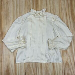Vintage Victorian Blouse Ruffles Collar Ivory Button Up Sz Medium Pleats